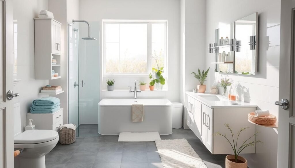 A-well-organized-bathroom-with-pristine-white-porcelain-fixtures-gleaming-chrome-accents-and--1024x585 Como manter a casa organizada com pouco tempo disponível