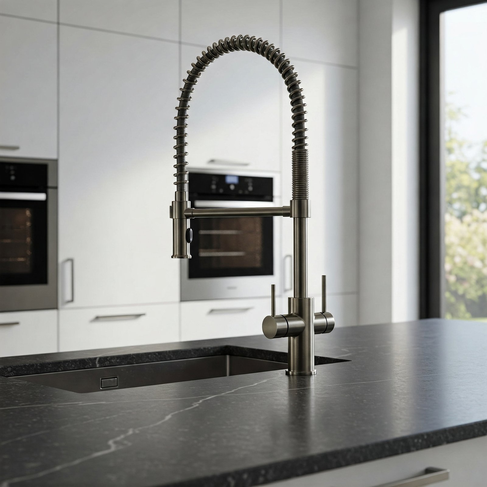 Alt textstrong Torneira gourmet flexível em cozinha moderna com bancada de granitosub