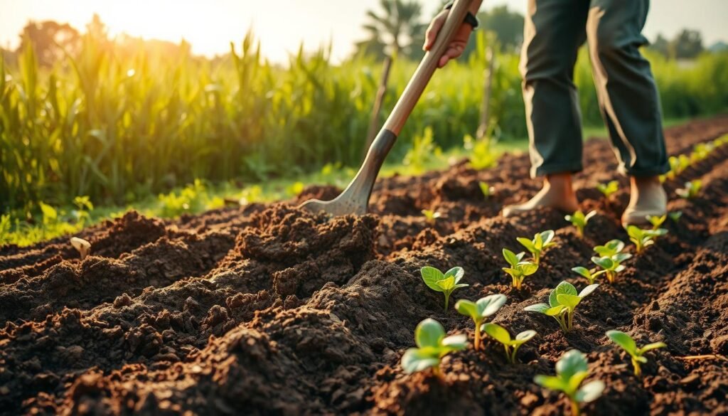 Preparing-the-soil-for-a-healthy-garden-A-serene-rural-scene-with-a-farmer-carefully-tilling-1024x585 Seu Jardim Perfeito: Dicas de Jardim e Plantas